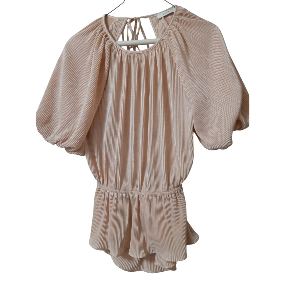 Lush Blush Pink Pleated Open Back Puff Sleeve Peplum Blouse Medium Wedding Brida